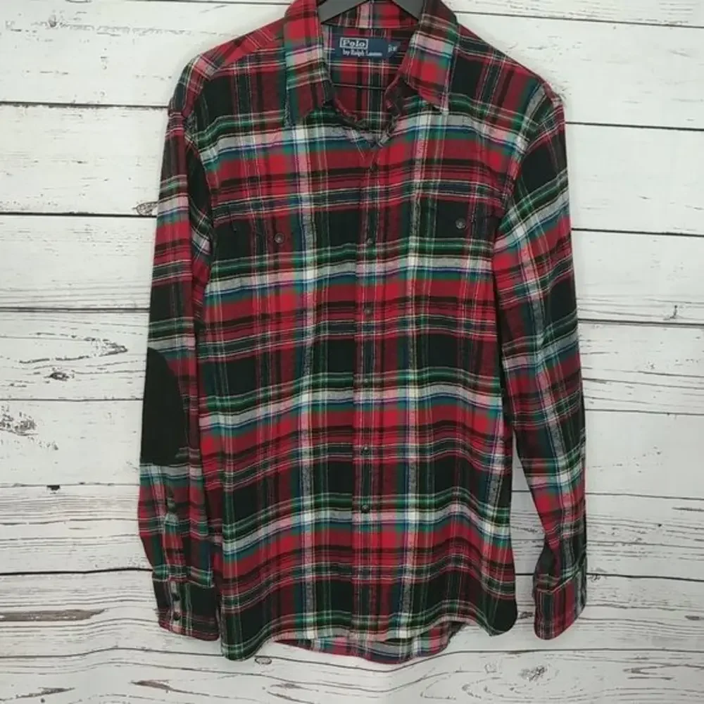 Vintage Polo Plaid‎ Flannel Elbow Patch Shirt